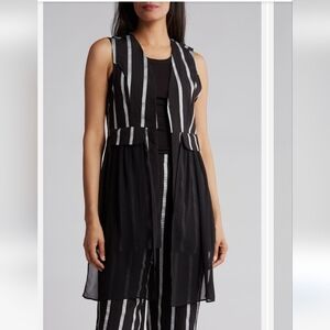 Patrizia Luca Black and White Striped Sleeveless Duster Vest